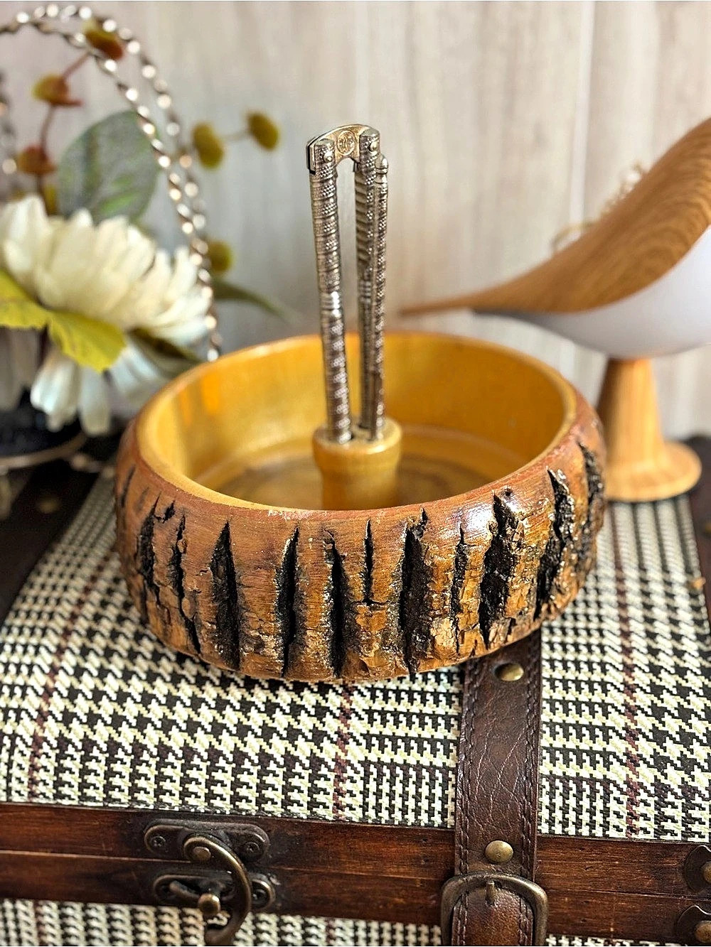 Vintage Bark Edge Wood Nut Bowl w/ Nutcracker & Pick Rustic Cabin Decor